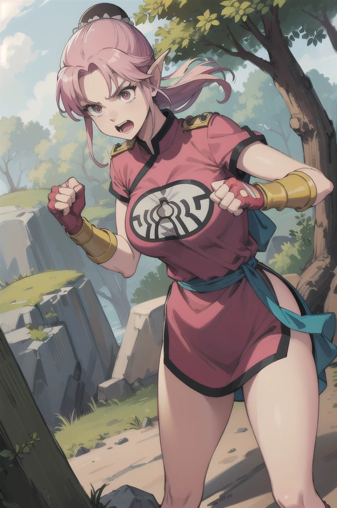 maam,big breasts,beautifuleyes,narrow waist,realistic,solo,outdoor,forest, martialMaam,pink hair,hair bun,long hair,china dress,short sleeves,sash,fingerless gloves,beautiful legs, clenched fists, (action pose,:1.1), (masterpiece, best quality:1.1), (open mouth, clenched fist, action pose,:1.1), ((fight against)), (goblin ambush), maam, dragon quest,