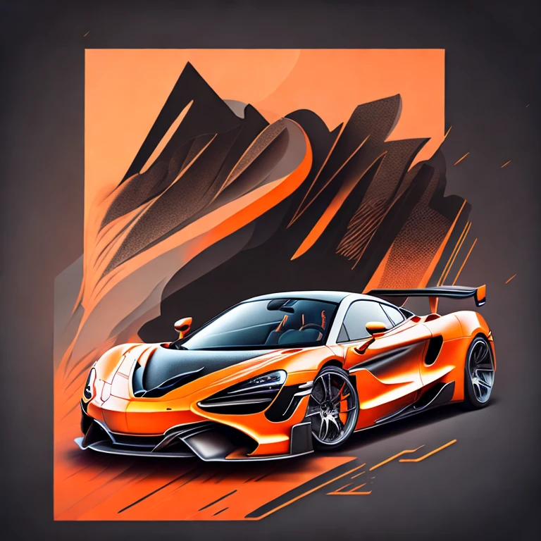 Art for t-shirt graphic design, a modern graphic design, classic McLAREN 720S GT3, Street, bold orange color, vintage pastel background, highly detailed cleanliness, vector image, masterpiece realistic, professional photograpy, realistic car, car night background, plain black background, isometric, vibrant vector