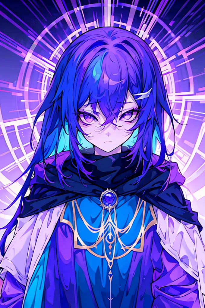 a mysterious figure with purple and blue hair, wrapped in a cloak that transitions between purple colors, pink and blue,with the right eye blue and the left eye purple. with skill and determination, ready to face challenges beyond the ordinary. His presence radiates an aura of astral power, mystery and a secret purpose that only reveals itself in decisive battles,