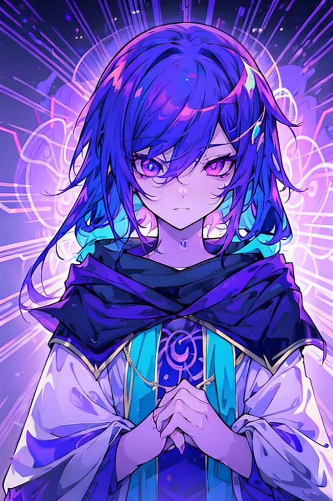 a mysterious figure with purple and blue hair, wrapped in a cloak that transitions between purple colors, pink and blue,with the right eye blue and the left eye purple. with skill and determination, ready to face challenges beyond the ordinary. His presence radiates an aura of astral power, mystery and a secret purpose that only reveals itself in decisive battles,