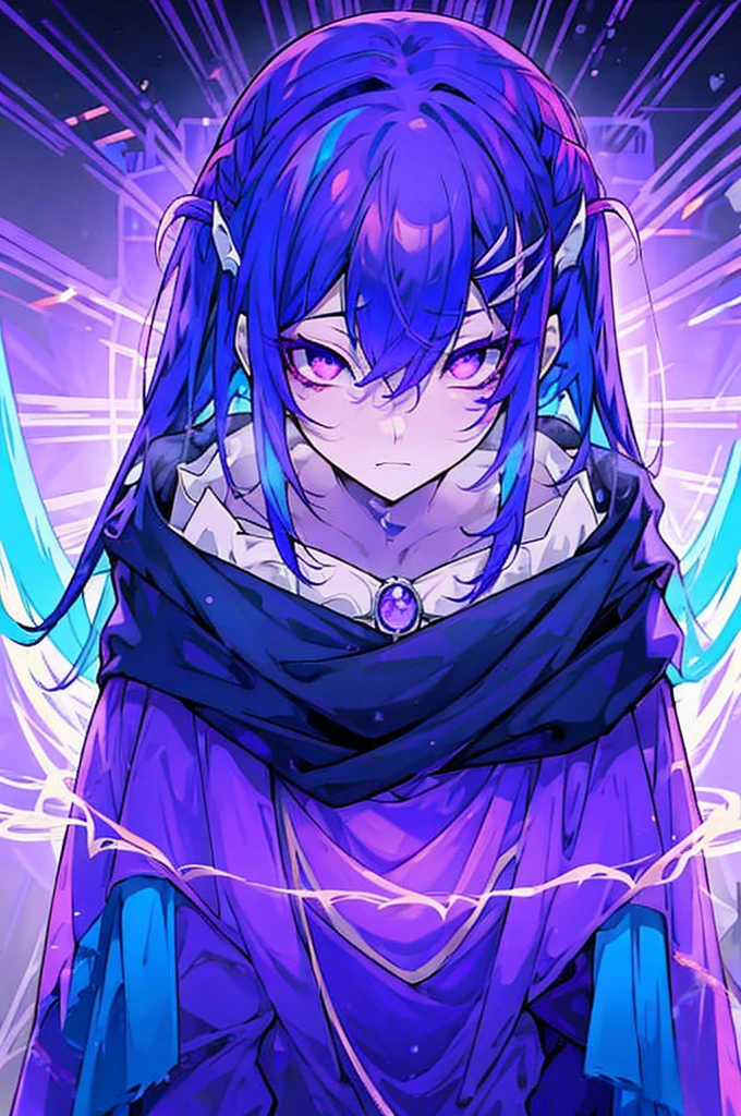 a mysterious figure with purple and blue hair, wrapped in a cloak that transitions between purple colors, pink and blue,with the right eye blue and the left eye purple. with skill and determination, ready to face challenges beyond the ordinary. His presence radiates an aura of astral power, mystery and a secret purpose that only reveals itself in decisive battles,