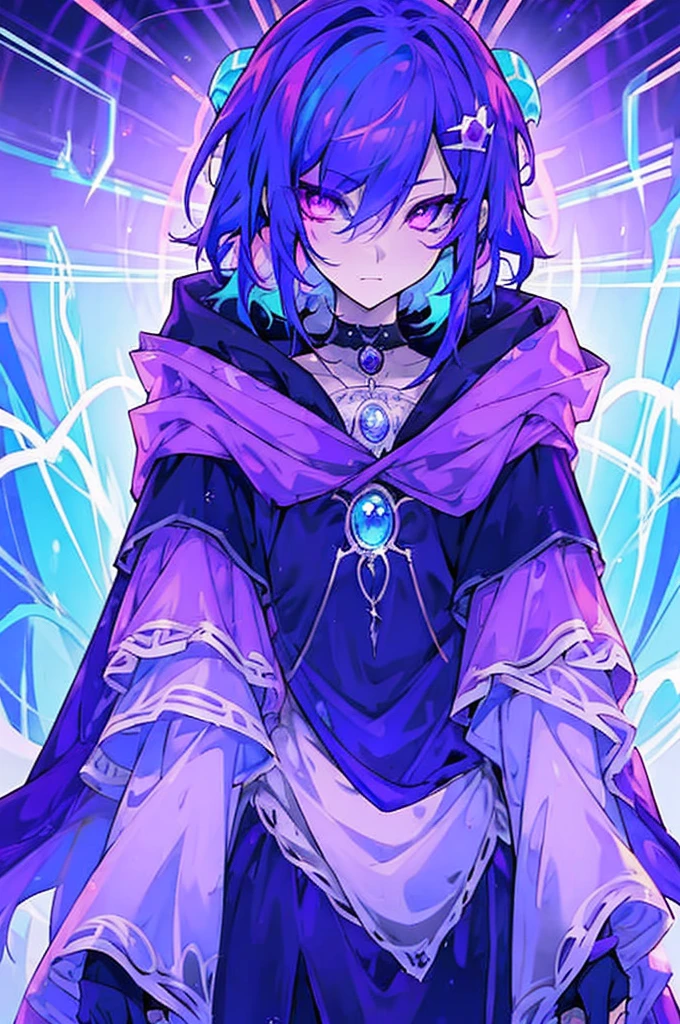 a mysterious figure with purple and blue hair, wrapped in a cloak that transitions between purple colors, pink and blue,with the right eye blue and the left eye purple. with skill and determination, ready to face challenges beyond the ordinary. His presence radiates an aura of astral power, mystery and a secret purpose that only reveals itself in decisive battles,