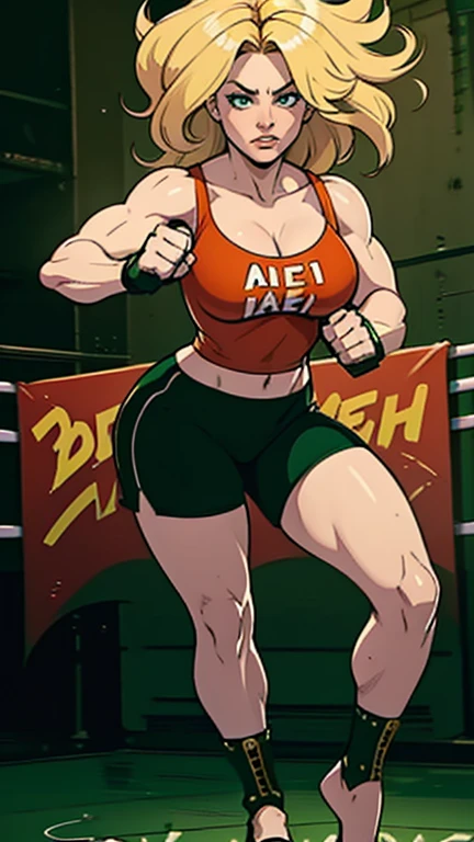 full body, beautiful detailed eyes, beautiful detailed lips, extremely detailed eyes and face, long eyelashes, blond hair, fit, 18 years old, angry, scary, boxing pose, punching, boxing, oil painting, highly detailed, photorealistic, 8k, masterpiece, dramatic lighting, warm color palette, cinematic, green eyes, dancing pose