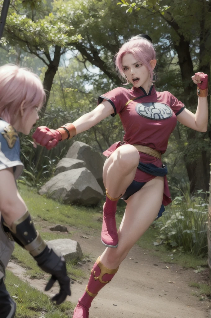 maam,big breasts,beautifuleyes,narrow waist,realistic,solo,outdoor,forest, martialMaam,pink hair,hair bun,long hair,china dress,short sleeves,sash,fingerless gloves,beautiful legs, clenched fists, (action pose,:1.1), (masterpiece, best quality:1.1), (open mouth, clenched fist, action pose,:1.1), ((fight against)), (goblin ambush), maam, dragon quest,