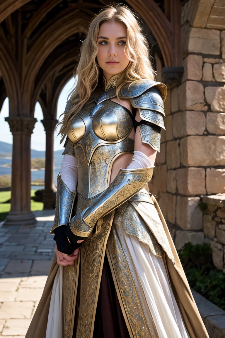 Masterpiece, a beautiful elf knight bright eyes, by rubio, wide shoulders, strong body, Pale skin with lots of detail and light freckles., high detailed filigree elf armor, outside, (skin texture:1.1), Best Quality, ultra high resolution, photo and gross, Nikon D850, backlight, rim light, bright sunlight, film grain:1.2, (warm tone, warm tone:1.2), (color photo), fantasy castle background