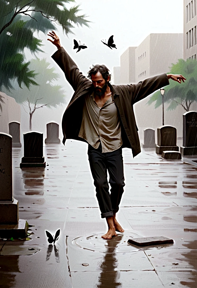 A homeless man dancing alone in the rain, souls,Standing barefoot on a tombstone,Loose and worn clothes,Professional ballet movements,Butterflies chasing fingertips,Very contagious,Splash,Light and Shadow,Minimalism,artistic conception,Clean background