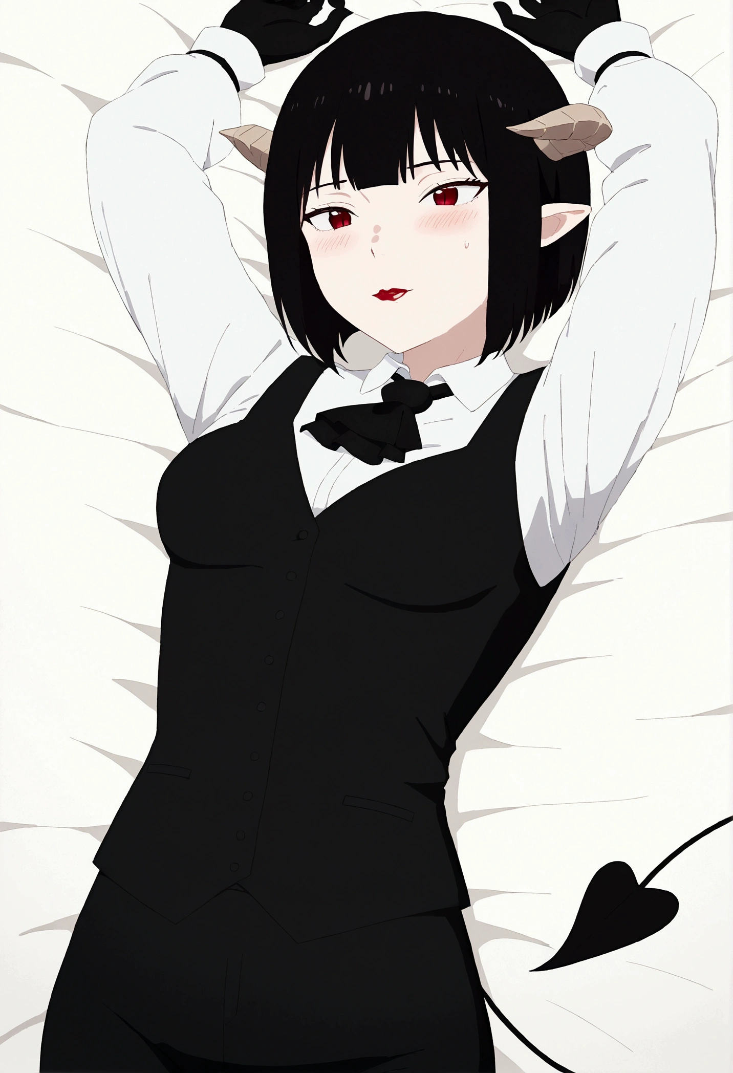 work of art, best qualityer, high resolution, 1girl horns short hair demon tail, white shirt black ascot black gloves black pants black vest lying on your back, sheet, arms up,blushed,face red,Bblack hair,biting your lips