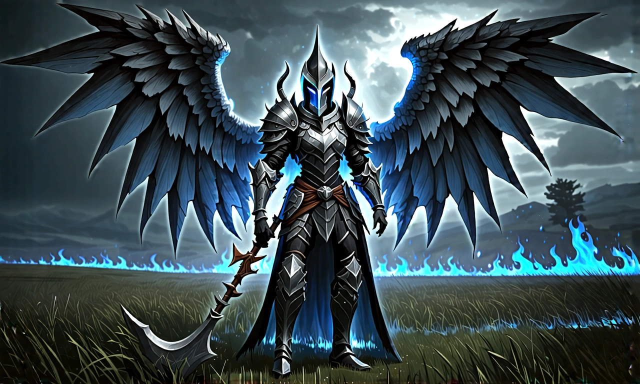 dark fantasy aestetics, elden ring, elden ring style dark night, dim light, huge wings made of grey and blue fire, death knight, black armour, knight covered in grey fire, ornamented helmet, winged helmet, ornamented armour, beautiful armour, horrifing beauty, standing with the gungnir spear, big grass field on the background, dark fantasy, horror, dnd, atmospheric perspective, perspective, wide shot, 4K, 8k, highres, high quality, masterpiece, best quality
