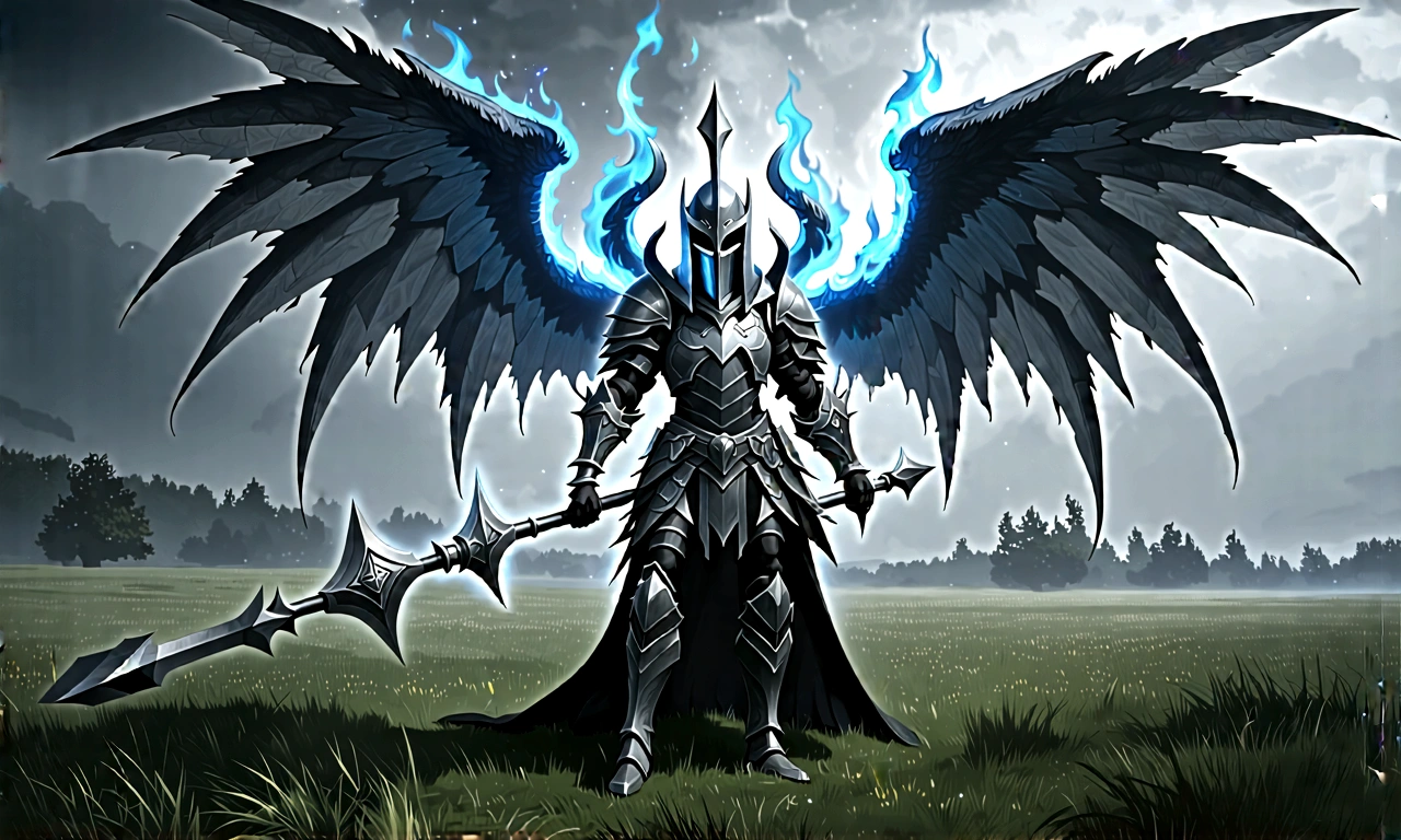 dark fantasy aestetics, elden ring, elden ring style dark night, dim light, huge wings made of grey and blue fire, death knight, black armour, knight covered in grey fire, ornamented helmet, winged helmet, ornamented armour, beautiful armour, horrifing beauty, standing with the gungnir spear, big grass field on the background, dark fantasy, horror, dnd, atmospheric perspective, perspective, wide shot, 4K, 8k, highres, high quality, masterpiece, best quality