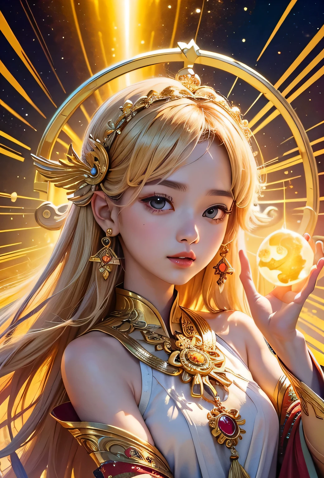 "Child of the Sun, Goddess of Love": Within a sacred sanctuary bathed in sunlight, depict the figure of a sun goddess who governs love, facing forward and emanating divine radiance. She is a , around . Zoom in to focus on her face, with a gleaming orb of light in her hands, representing the life-giving power of the sun. Her hair is shimmering gold, and she is wearing a traditional miko outfit as seen in Japanese shrines. The background should be predominantly gold, evoking a sense of divine splendor, with numerous heart-themed objects expressing the beauty of love. The setting is in heaven, enveloped in soft, bright light, where one can find tranquility and peace of mind, free from any trace of anxiety.Straight-on.