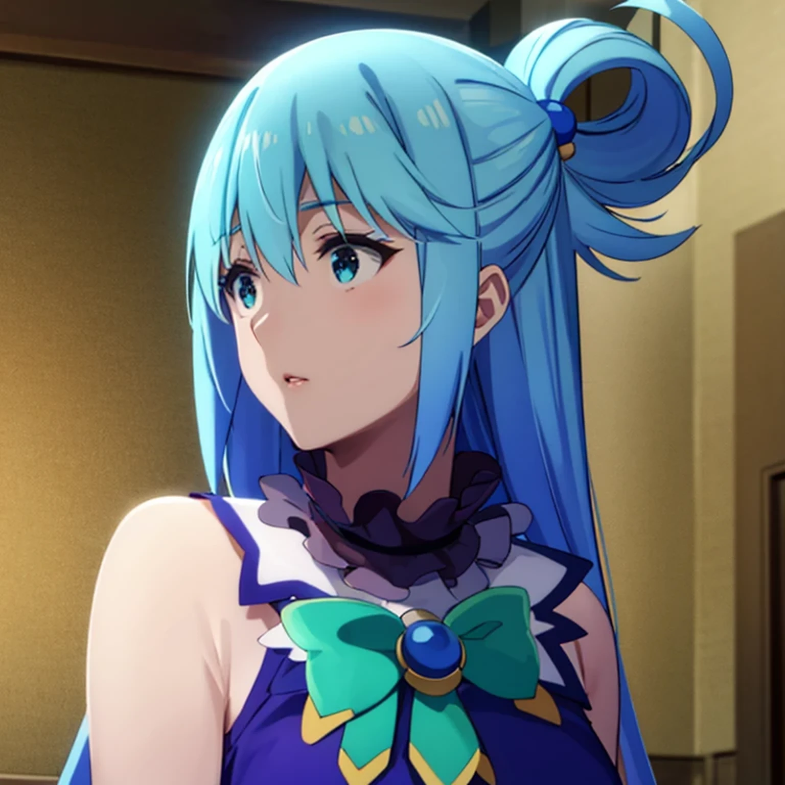 (Masterpiece), Best Quality,Upper part of the body, pale face alone, 1 woman, Eyes_blue, looking_al_visor, eyelashes, Upper part of the body, lips, make-up, aquamarine,aqua,aqua_(Konosuba),aqua \(Konosuba\), blue hair, dark background, long hair, HAIR ORNAMENT , Very long hair, HAIR RINGS, SINGLE RING, HAIR SPIKES,high resolution,8k detailed outlined,