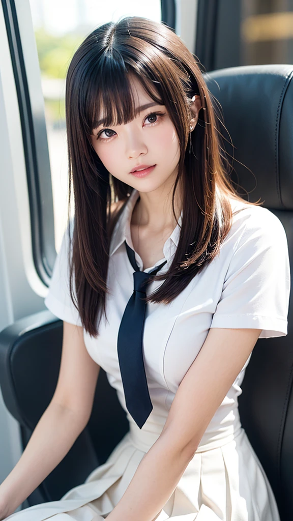 (masterpiece, Highest quality:1.2), 8K, 15 years, 85mm, Official Art, RAW Photos, absurdists, White dress shirt, Pretty face, close, Upper Body, violet, Gardenia, beautiful girl, , (Navy Pleated Skirt:1.1), Squeeze the waist, Thighs, Short sleeve, in the train, sit on bench seat, View your audience, No makeup, (smile:0.4), Film Grain, chromatic aberration, Sharp focus, Face Light, Bright lighting, , Detailed face, Bokeh Background, (Dark red tie:1.1) Upper body naked Showing nipples Show your pants Showing nipples Shoulder Expose
