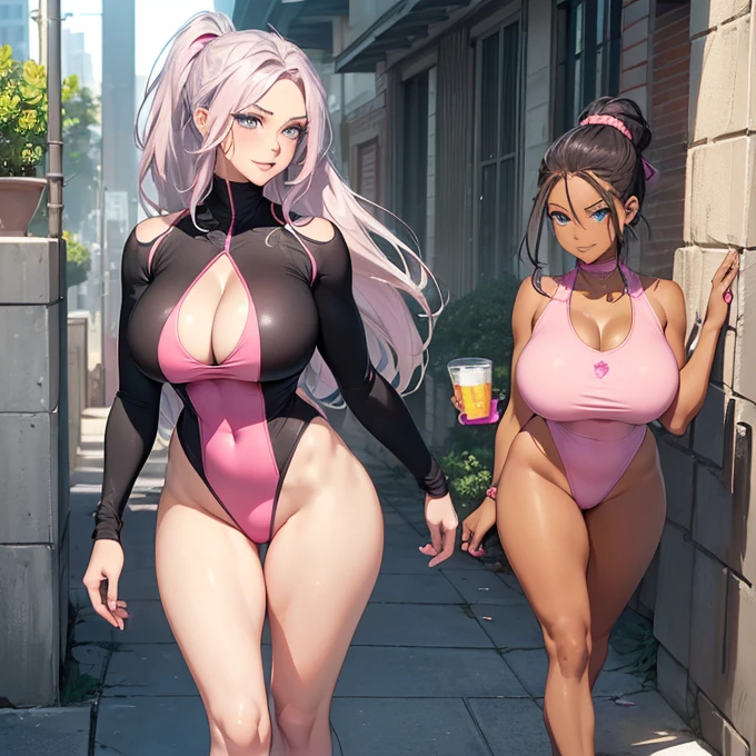 (absurdres, best high quality image, carefuly detailed features and textures, very detailed image, solo character alone, full character view): {{(1character: 43 years old human noble woman milf), ((african black skin), (blue eyes), (grey eyebrows), (beautiful features, absolute beauty), (pink lips), (grey long hair tied in a high ponytail), (voluptuous figure, big breasts, beautiful arms, beautiful legs)), ((pink girly fitness one-piece thong leotard)), (walking relaxed, sweet demeanor, shy expression, sweetness smile), (fountain green plaza)}}