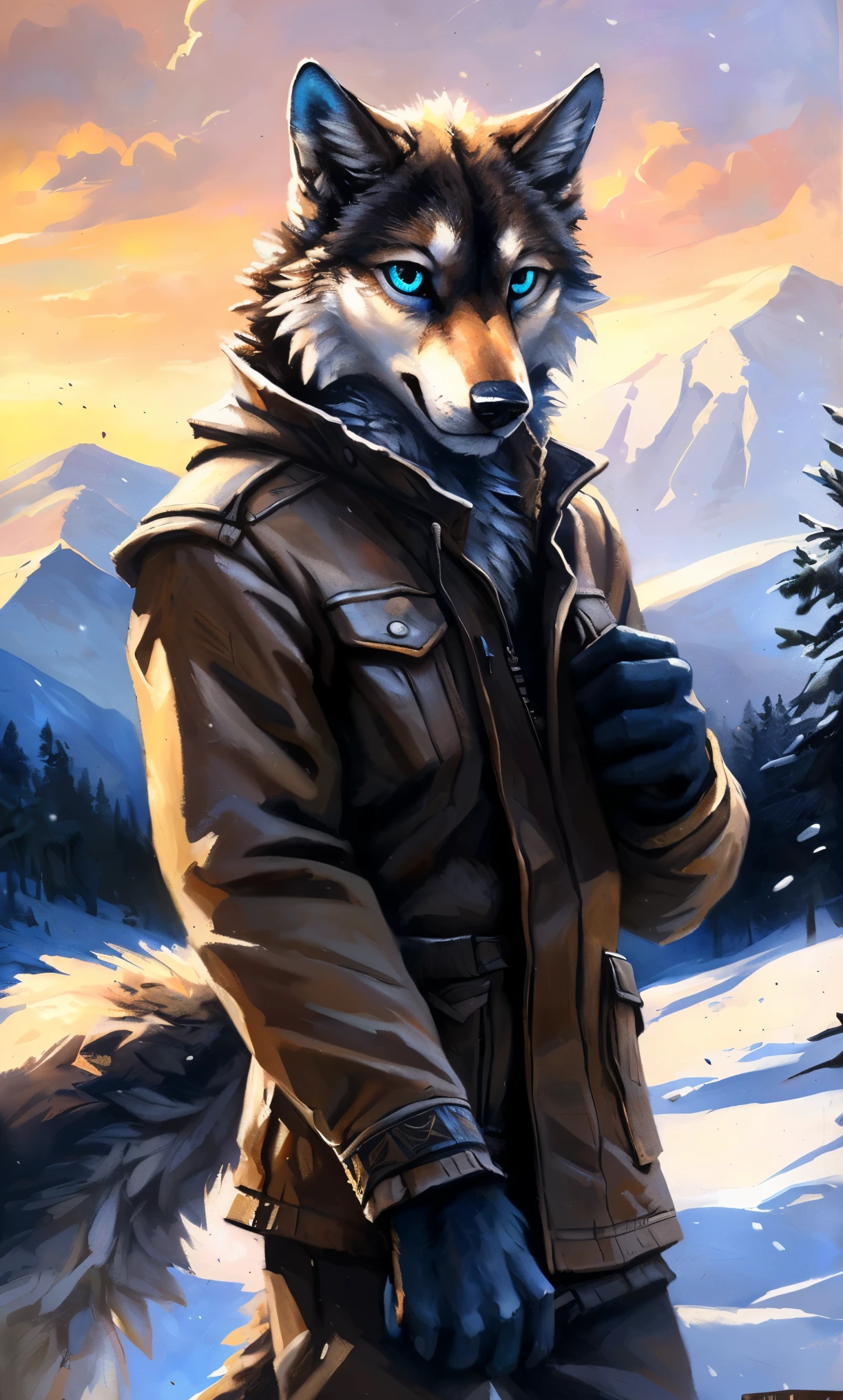 ((Solo)), male people, anthro wolf, (Multi-colored fur, White-brown:1.3，White tail pointed), (Height 2.1m,Tail length 1.2m), ((Wolf face, Big eyes, White eyelids, Blue pupil, Slim:1.2) (Tough, Calm expression:1.2)), Slim, pinging)), (Correct anatomy), (Winter clothing:1.1), The upper body  naked, (detailed outfits),A long big tail，Feet，(Realistic fur, Detailed fur texture, labeled:1.3)), (Natural lighting), Photorealistic, Hyperrealistic, ultradetailed, by Kenket，Snowfield，erect through，Running on