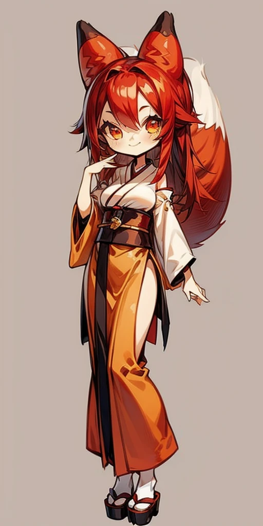 1girl, medium breasts, long red hair, amber eyes,red kimono, fox ears, fox tail, chibi style simple background, standing, smiling