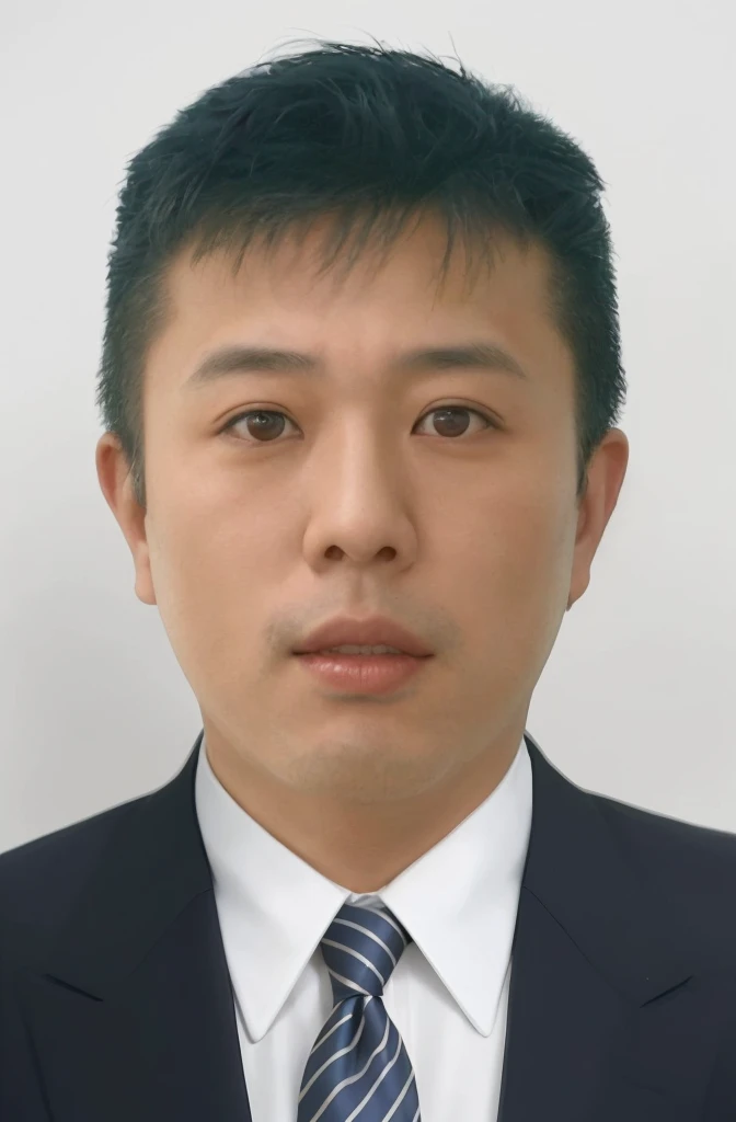 a realistic headshot of an asian man with a round face and short, dark hair. The man has a serious expression with wide-open eyes and closed lips. He is wearing a dark suit (black or navy), a white dress shirt with a stiff collar buttoned up, and a dark blue tie with diagonal white stripes. The background should be plain and light-colored, ensuring the focus remains on the man's face and attire