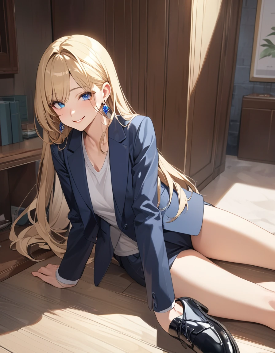 (Highest quality、Very detailed、Ultra-high resolution) 、(1 girl、17 years old、Mature), blue eyes、smile、((Blonde))、Semi-long hair、Beautiful breasts、(suit:1.4), T shirt, Oxford shoes, earrings