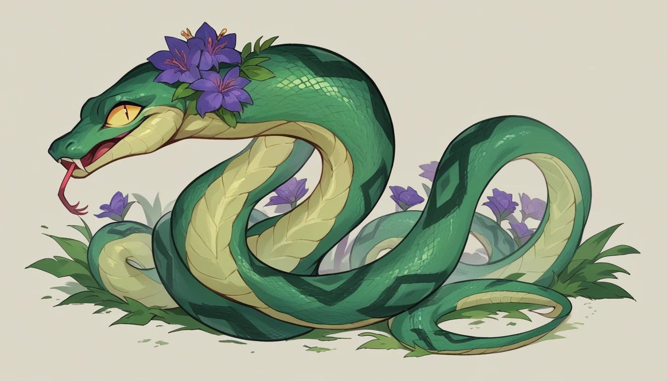 A serpent, blending in the feerie forest backdrop, its ominous black and green scales glistening under the lunar glow. Amongst the purple flowers, the snake's intricate patterns stand out, adding a touch of mystery to the scene. This captivating image, likely a detailed painting, exudes a sense of both danger and natural beauty. The artist's skill is evident in the rich colors and attention to detail, making it a truly mesmerizing and high-quality piece of art.