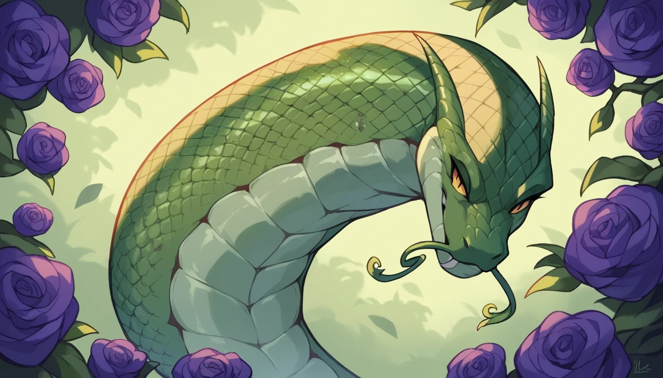 A serpent, blending in the feerie forest backdrop, its ominous black and green scales glistening under the lunar glow. Amongst the purple flowers, the snake's intricate patterns stand out, adding a touch of mystery to the scene. This captivating image, likely a detailed painting, exudes a sense of both danger and natural beauty. The artist's skill is evident in the rich colors and attention to detail, making it a truly mesmerizing and high-quality piece of art.