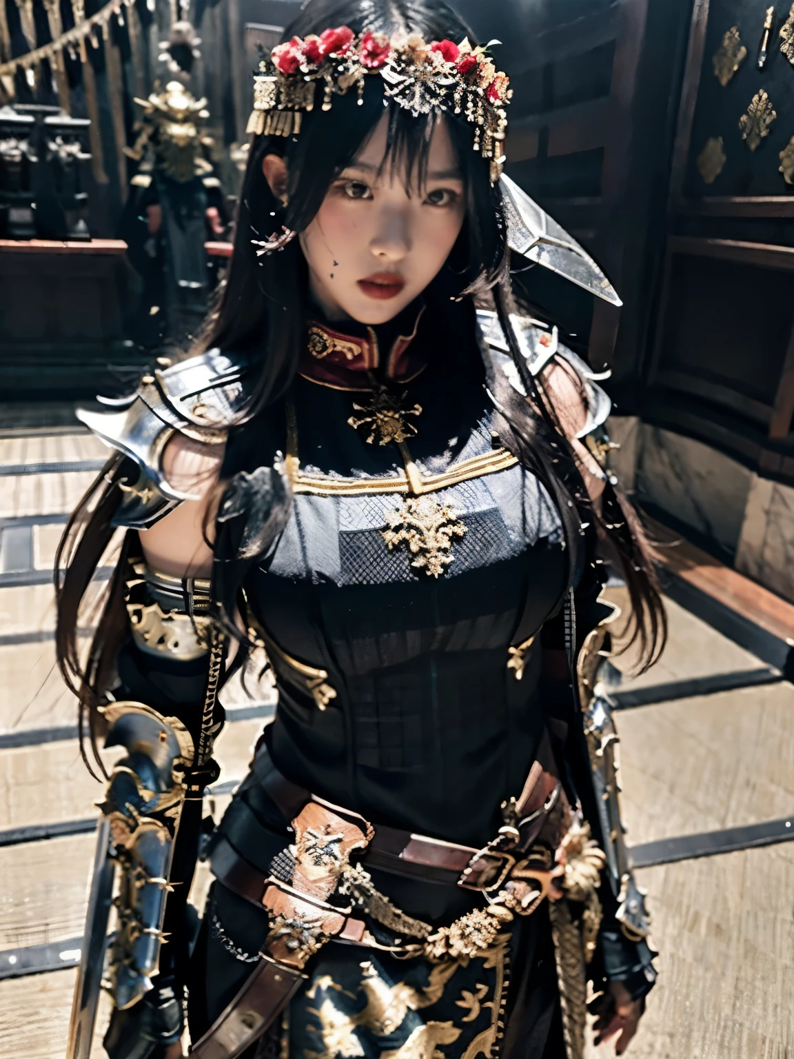 raw, 4K, (((realistic, masterpiece, best quality, in great detail, high quality, high detail, clear focus))), ((sleeveless)), 18 year old girl wearing heavy armor, gold armor, big body, Japanese style armor, Full-body armor, decorated armor, long wolf cut hair, sweating, face of vengeance, bloody armor, scattered blood, Sea of Blood, carnage, bloody long sword, in an epic war, Fire and smoke everywhere, death everywhere, HDR, ray tracing, volumetric lighting, full body shot