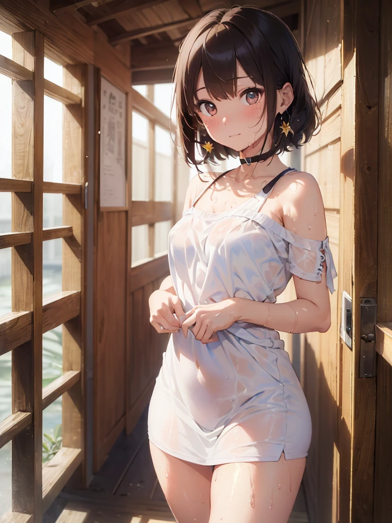 (masterpiece:2.0), (top-quality:2.0), (white Tube top extremely short length dress made by towel:1.5), (perfect exposed shoulders:1.5), (perfect exposed nape:1.5), (super sexypose:1.5), (blushed face:1.3), (barechested:1.3), (realistic:1.5), 1 , precise small hands, Embarrassed look, light smile, extremely cute girl, innocent face, young face, Clear eyes, Shining eyes, shoulder is visible, small breast, thigh is visible, No pubic hair, The beautiful skin, ultra-definition, Top resolution, japan high school student, brown hair, Camel toe, wet, โชว์กางเกงใน,