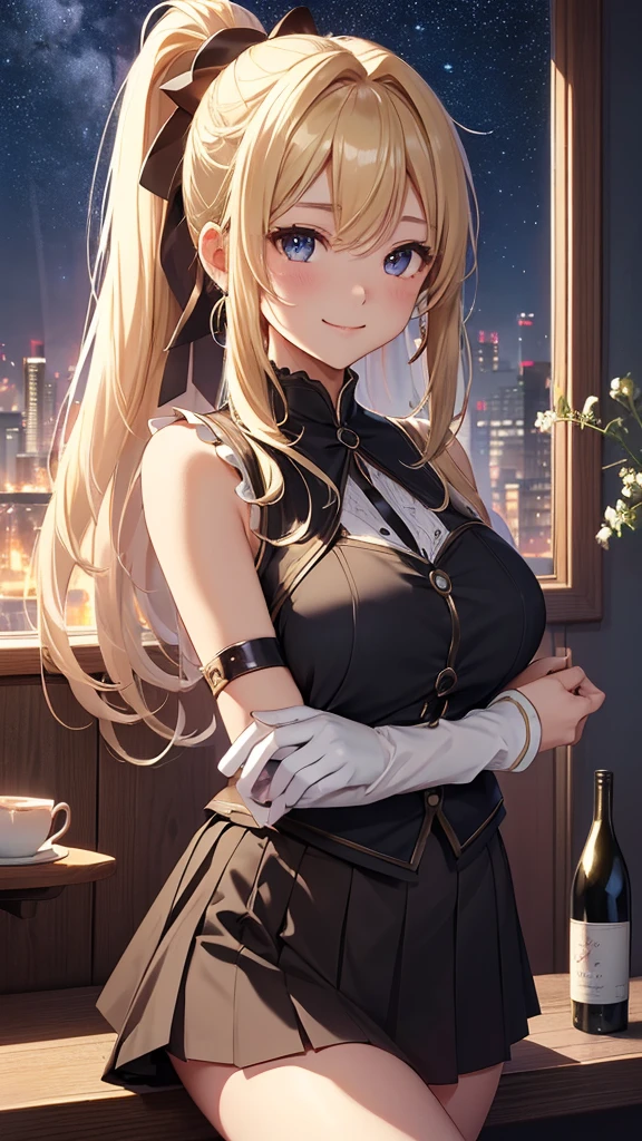 最high quality、best image quality、masterpiece、age girl((20-year-old、 By becoming、vest bust、medium bust,wide open breast tea、Shining eyes, blonde hair、long hair、thin,highest valley、ponytail、black Y-shirt、mini skirt、holding a wine bottle、smile、black gloves、Chest holder、Breastfeeding、leaning forward)),high quality、beautiful art、background((night sky))、flight、debris flies、Depth of written boundary、movie、visual art、perfect art、8K,genuine、