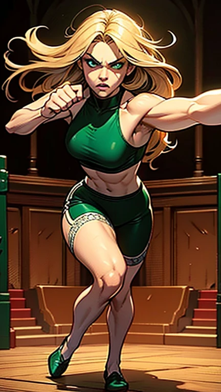 full body, beautiful detailed eyes, beautiful detailed lips, extremely detailed eyes and face, long eyelashes, blond hair, fit, 18 years old, angry, scary, boxing pose, punching, boxing, oil painting, highly detailed, photorealistic, 8k, masterpiece, dramatic lighting, warm color palette, cinematic, green eyes, dancing pose