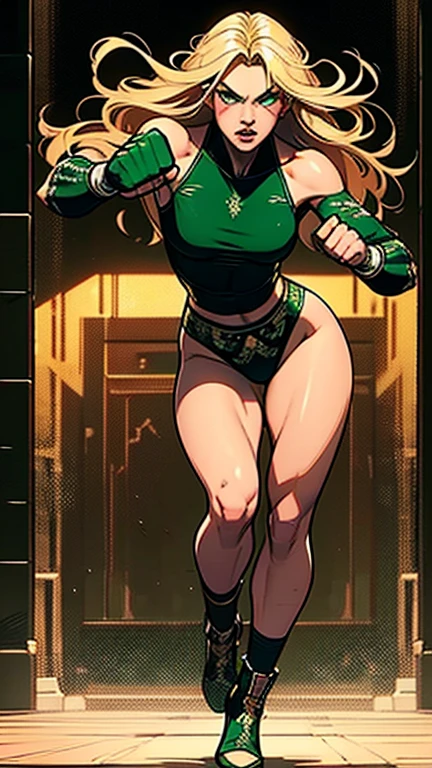 full body, beautiful detailed eyes, beautiful detailed lips, extremely detailed eyes and face, long eyelashes, blond hair, fit, 18 years old, angry, scary, boxing pose, punching, boxing, oil painting, highly detailed, photorealistic, 8k, masterpiece, dramatic lighting, warm color palette, cinematic, green eyes, dancing pose