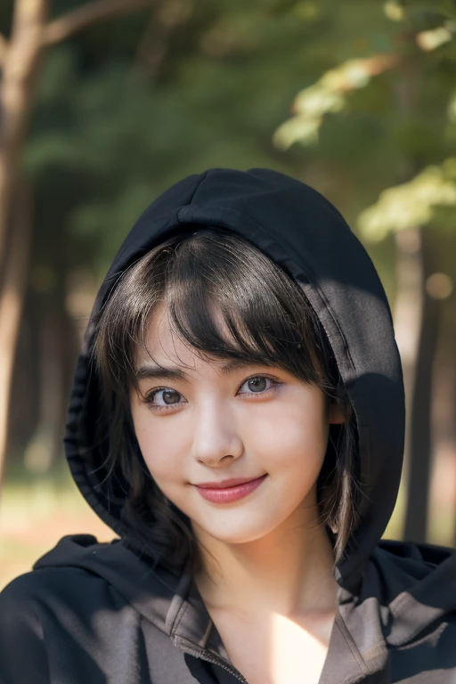 (award winning, 8k, super detailed, high resolution, best quality, photography, portrait), 1girl, solo, beautiful girl, beautiful eyes, detailed eyes, (black eye), (black hoodie), short hair, black hair, walking in the park, POV, from below, [coy smile]