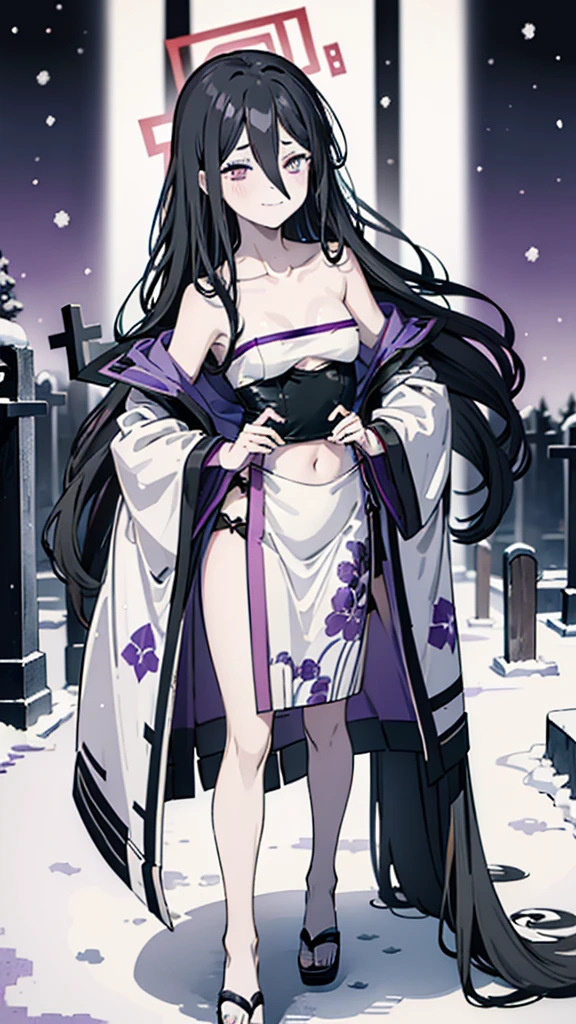 (Highest quality), (masterpiece),Black Hair, Purple Eyes, Purple kimono, Exposing shoulders, ,Fair skin, Long Hair, Long Bangs,  Small breasts, Confused eyes, snow, sexy, Cemetery, Cross Grave, jitome, evil grin smile, indian style, half closed eyes, Off Shoulder, ass pov, pale skin, flat chest, wavy hair