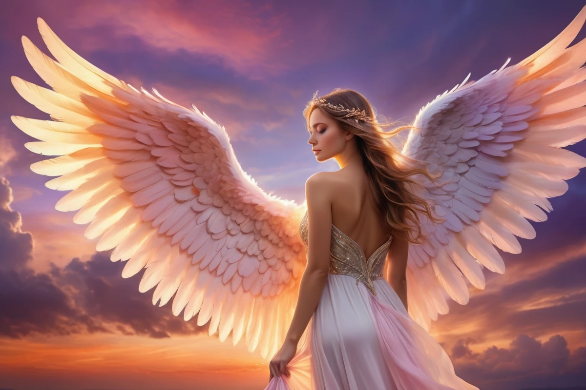 Create an image of a full body female angel with large looking tu de camara, detailed wings standing against a dramatic sunset sky. The scene should have a warm, ethereal glow with soft hues of pink, orange, and purple in the background. The angel's wings should be expansive, detailed with individual feathers, and blend harmoniously with the sky's colors. She should have long, flowing hair and be dressed in a flowing gown that complements the serene and divine atmosphere of the scene. color palette  #87595B , #55505a , #BA796F , #EBAE92 , #39282E