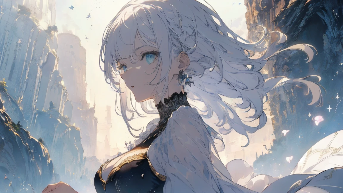 (Landscape Photography, With the woman in the bottom right of the photo:1.5, White Waterfront:1.5), masterpiece, Highest quality, (Highly Detailed CG Unity 8K Wallpaper), (Highest quality), High resolution RAW color art, animation,Sculpture, (Black marble skin), (((Highly detailed elegant))), Magical atmosphere, Detailed skin, texture,(Exquisitely crafted, The finer details, Ultra-detailed art), Depth of written boundary, Bokeh, Silky Touch, Hyper Detail, Beautiful Eyes, Elegant face, (Focus on the upper body), Sparkly Background, Huge breasts:1.3, (Silver Hair), pure white, Pause, logic, Embarrassed face, Rose,  Dramatic Light, profile, Marine