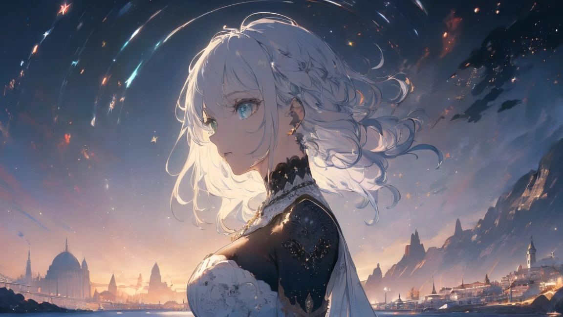 (Landscape Photography, With the woman in the bottom right of the photo:1.5, White Waterfront:1.5), masterpiece, Highest quality, (Highly Detailed CG Unity 8K Wallpaper), (Highest quality), High resolution RAW color art, animation,Sculpture, (Black marble skin), (((Highly detailed elegant))), Magical atmosphere, Detailed skin, texture,(Exquisitely crafted, The finer details, Ultra-detailed art), Depth of written boundary, Bokeh, Silky Touch, Hyper Detail, Beautiful Eyes, Elegant face, (Focus on the upper body), Sparkly Background, Huge breasts:1.3, (Silver Hair), pure white, Pause, logic, Embarrassed face, Rose, Dramatic Light, profile, Marine