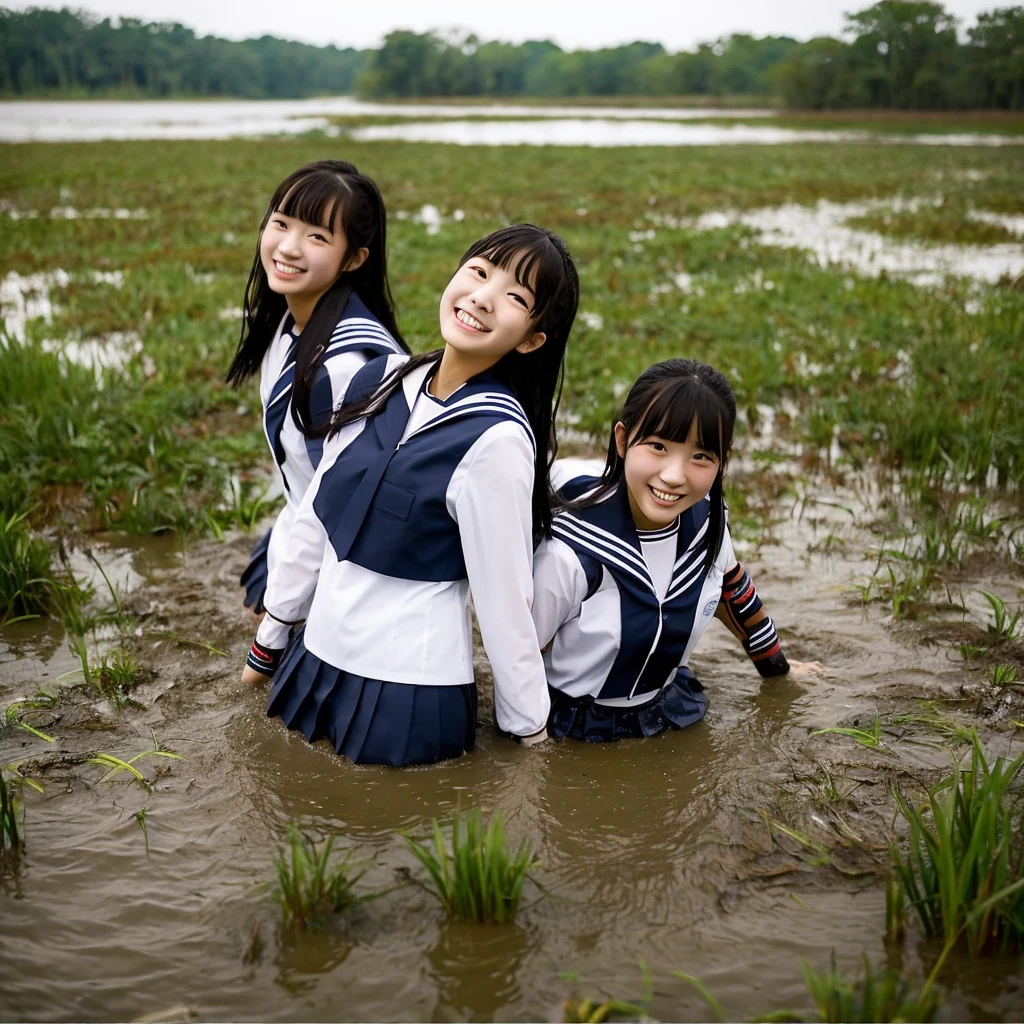 Two women wearing sailor suits swimming in a swamp。About 18 years old。Covered in mud。