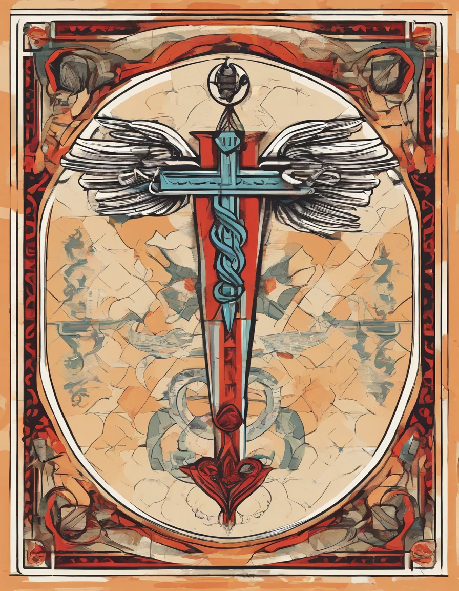 Draw a caduceus, in the style of medieval drawing, stylized