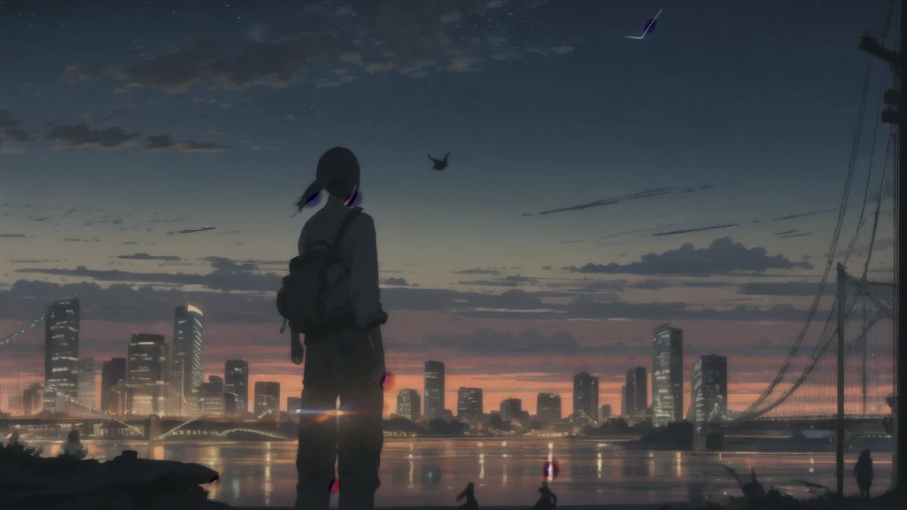 真っ暗なnight空,Octane, star (null), scenery, Blue parakeet,The acoustic guitar is in front of the body.,star, night, A girl and a boy standing back to back, Back view, alone, Outdoor, city,river,Blue parakeet,building, cloud, 天のriver,silhouette