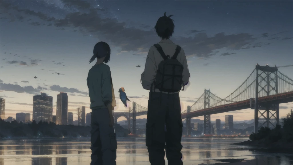真っ暗なnight空,Octane, star (null), scenery, Blue parakeet,The acoustic guitar is in front of the body.,star, night, A girl and a boy standing back to back, Back view, alone, Outdoor, city,river,Blue parakeet,building, cloud, 天のriver,silhouette