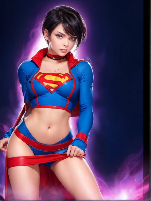 kate, Short black hair with blue highlights, gazing at viewer, blue colored eyes, perfectbody, sultry body