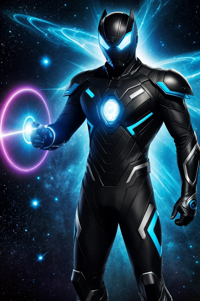 A high-tech superhero suit called Pulsar, black in color with bright blue details that channel his cosmic energy.. The suit includes a visor that allows it to detect and analyze cosmic energy sources. his entire body