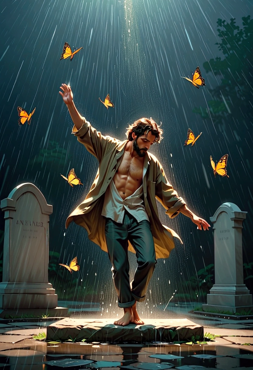 A homeless man dancing alone in the rain， souls，Standing barefoot on a tombstone，Loose and worn clothes，Professional ballet movements，Butterflies chasing fingertips，Very contagious，Splash，Light and Shadow，Minimalism，artistic conception，Clean background