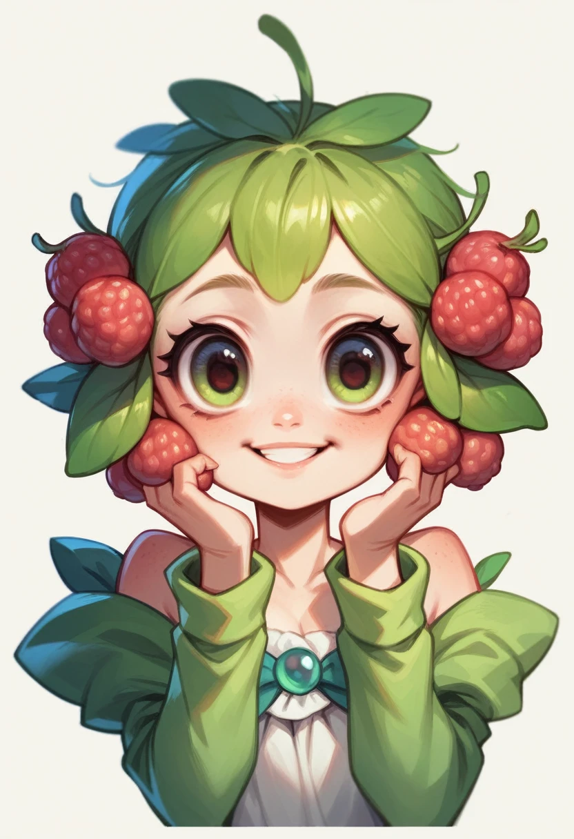 Generate a realistic yet cute cartoon raspberry character, isolated on a white background. The raspberry should have detailed textures and vibrant colors, with a friendly expression and playful features like big eyes and a smile. The overall style should balance realism with cartoon charm.