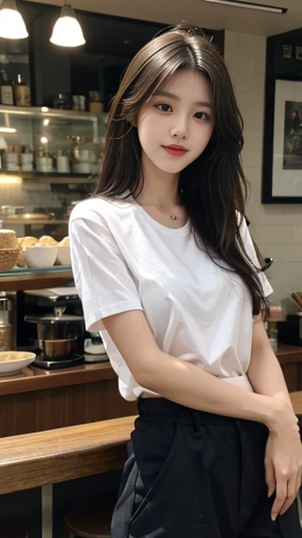 1 Girl,Cafe,Soft Light,Chinese Beauty,Tight Fit,Short sleeve,Trousers,Dark-haired,long hair