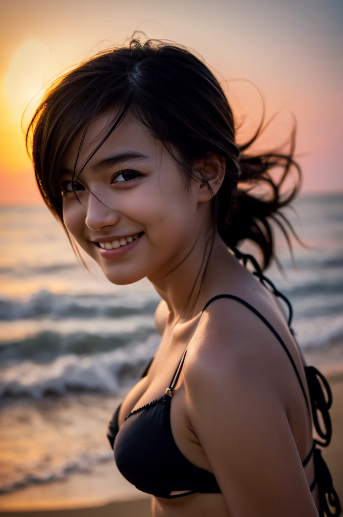 (grainy:0.5), cinematic, girl, fantasy,(solo:1.3), detailed eyes, detailed face, volumetric lighting, dusk, extremely detailed background, walking , smiling, half closed eyes, tilted head, from side, beach, bikini,