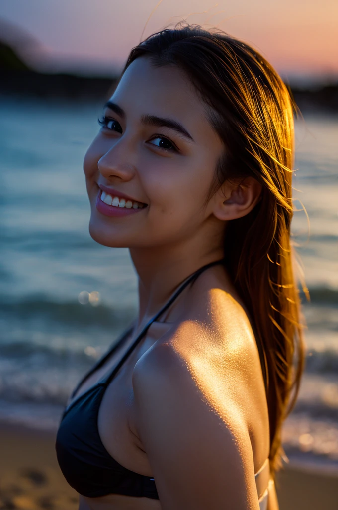 (grainy:0.5), cinematic, girl, fantasy,(solo:1.3), detailed eyes, detailed face, volumetric lighting, dusk, extremely detailed background, walking , smiling, half closed eyes, tilted head, from side, beach, bikini,