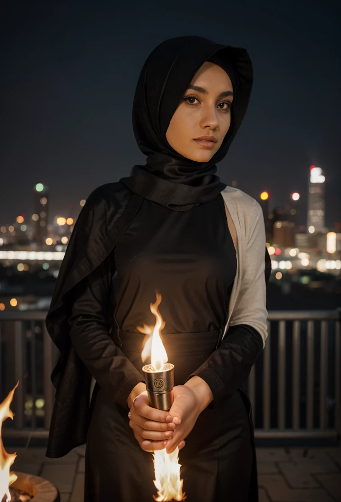 a woman in hijab holding a torch with a city in the background, holding a torch, the torch we all must hold, portrait shot, torches alit in the background, torch - lit, profile picture 1024px, high quality portrait, zenra taliyah, torch lighting, mid shot portrait, medium shot portrait, holding a flaming sword