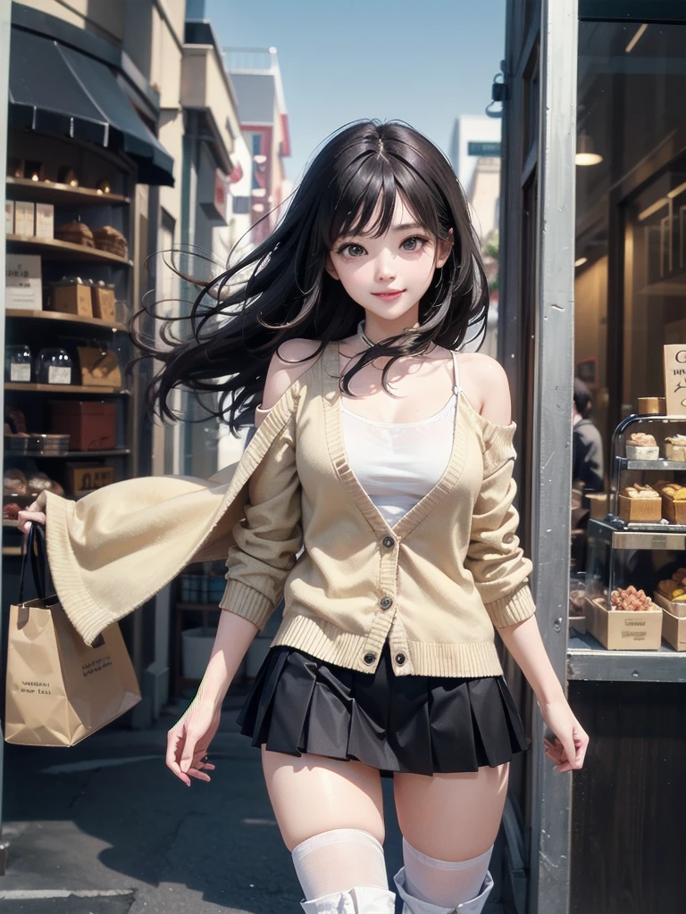 very cute and beautiful girl,,(highly detailed beautiful face),(white blouse),
(smile:1.2),cowboy shot,looking at viewer,
(beige cardigan:1.2) BREAK zettai ryouiki,brown shoulder bag,(brown boots),
dynamic pose,hair ornament,black hair,(pleated black mini skirt:1.2),
standing in front of cake shop show window,downtown street,crowd,people,
(best quality,masterpiece:1.2),absurdres,highres,ultra-detailed,extremely detailed,32k,8k resolution,
intricate details,cinematic scene,detailed background,solo,dynamic angle,
natural lighting,hair fluttering in the wind,beautiful detailed sky,
โชว์กางเกงใน, camel toe,