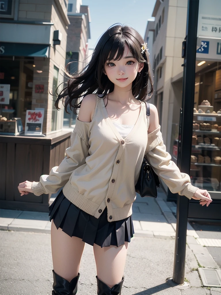very cute and beautiful girl,teen,(highly detailed beautiful face),(white blouse),
(smile:1.2),cowboy shot,looking at viewer,
(beige cardigan:1.2) BREAK zettai ryouiki,brown shoulder bag,(brown boots),
dynamic pose,hair ornament,black hair,(pleated black mini skirt:1.2),
standing in front of cake shop show window,downtown street,crowd,people,
(best quality,masterpiece:1.2),absurdres,highres,ultra-detailed,extremely detailed,32k,8k resolution,
intricate details,cinematic scene,detailed background,solo,dynamic angle,
natural lighting,hair fluttering in the wind,beautiful detailed sky,
โชว์กางเกงใน, camel toe,