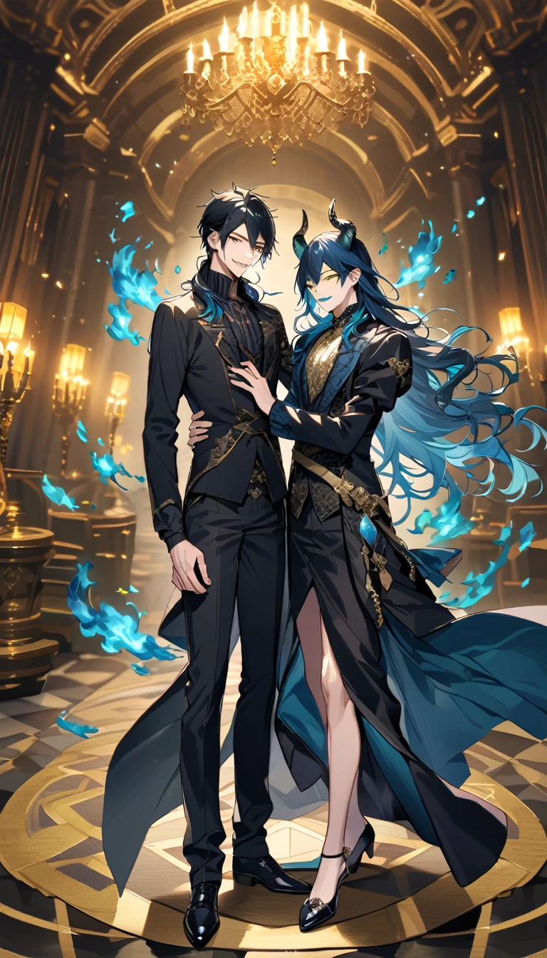 (pieces fly), (highest quality), very detailed, ((two men)), perfect face, beautiful face, very detailed face，full body shot, (black haired man:1.3)，(blue haired man:1.3)，suit，shirt，smile，flower, (1st boy,Idia Shroud, bishounen, boy, male, extremely long hair, blue hair, blue fire hair, wavy hair, yellow eyes, tired expression, blue lips, handsome, skinny, geeky, blue glow, shark teeth,) (2nd boy, malleus draconia \(twisted wonderland\) horns, bishounen, boy, male, long hair, black hair, yellow green eyes, smile, gray lips, handsome, skinny, tall, yellow green glow,)  Two men are hugging each,