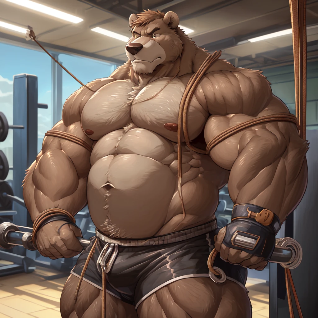 ((solo)), (anthro:1.2) bear (lora; baloo), adult, (athletic:1.4), (dense muscles), (super strong:1.4), (correct anatomy:1.2), (broad shoulders:1.2), (heavy build, massive body:1.6), (realistic fur, detailed brown fur texture:1.3), gym background (cable crossover machine:1.6), photorealistic, (black compression shorts), (bare torso:1.4), (detailed black gym shorts and wristbands gloves), hyperrealistic, ultradetailed, (by wfa:1.2), (by takemoto_arashi, by vorusuarts, by Traver009:1, by grimfaust:1), natural lighting, (oiled up:1.4), ursine head (open eyes, brown mane), (sexy:1.2), ((serious pride:1.4) expression), (pulling the levers:1.4), (working out:1.5), (view from center:1.4)