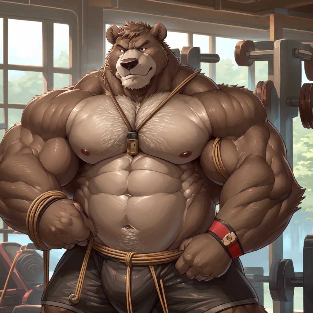 ((solo)), (anthro:1.2) bear (lora; baloo), adult, (athletic:1.4), (dense muscles), (super strong:1.4), (correct anatomy:1.2), (broad shoulders:1.2), (heavy build, massive body:1.6), (realistic fur, detailed brown fur texture:1.3), gym background (cable crossover machine:1.6), photorealistic, (black compression shorts), (bare torso:1.4), (detailed black gym shorts and wristbands gloves), hyperrealistic, ultradetailed, (by wfa:1.2), (by takemoto_arashi, by vorusuarts, by Traver009:1, by grimfaust:1), natural lighting, (oiled up:1.4), ursine head (open eyes, brown mane), (sexy:1.2), ((serious pride:1.4) expression), (pulling the levers:1.4), (working out:1.5), (view from center:1.4)